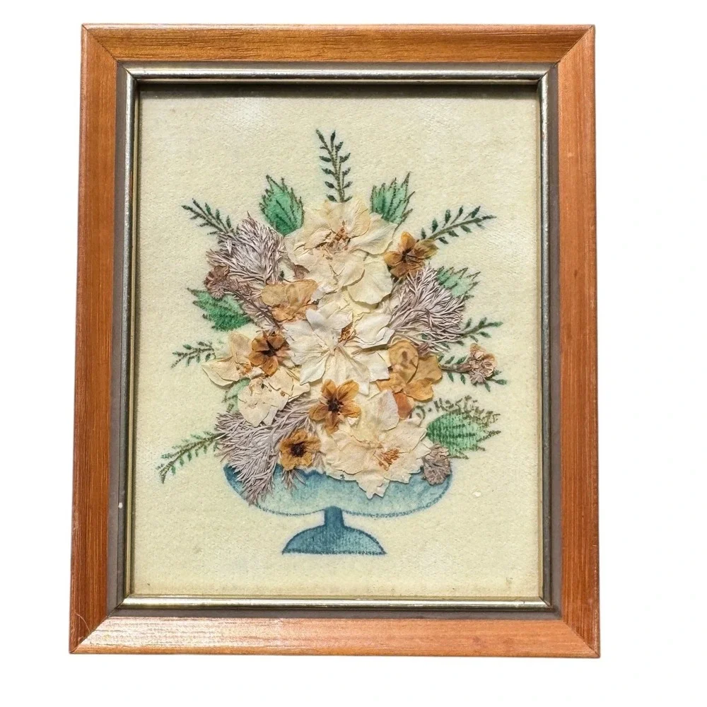 Joyce Hastings Pressed Flower Art Hand Painted Velveteen Wood Frame Vintage